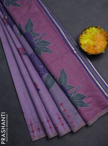 Semi jute silk saree lavender and dark blue with thread woven buttas and floral design weaving pallu