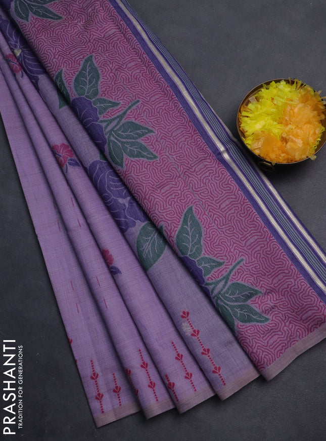 Semi jute silk saree lavender and dark blue with thread woven buttas and floral design weaving pallu