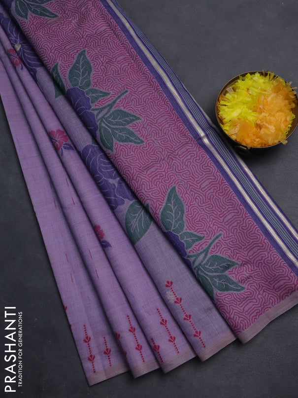 Semi jute silk saree lavender and dark blue with thread woven buttas and floral design weaving pallu