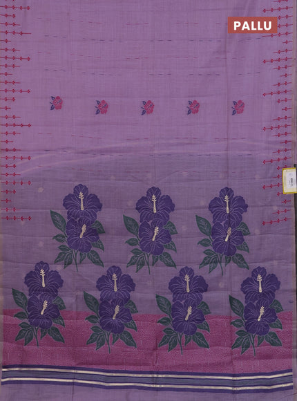 Semi jute silk saree lavender and dark blue with thread woven buttas and floral design weaving pallu
