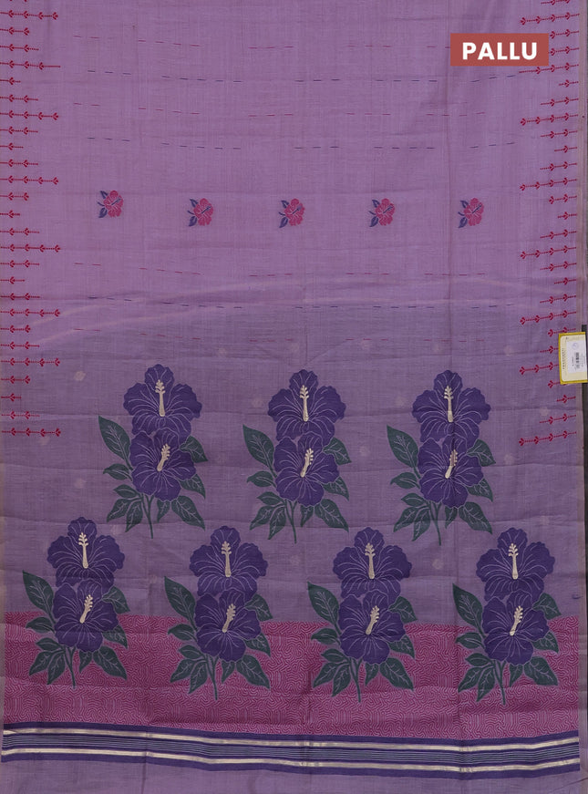 Semi jute silk saree lavender and dark blue with thread woven buttas and floral design weaving pallu