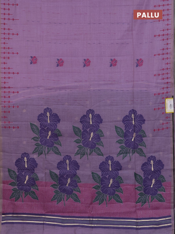 Semi jute silk saree lavender and dark blue with thread woven buttas and floral design weaving pallu