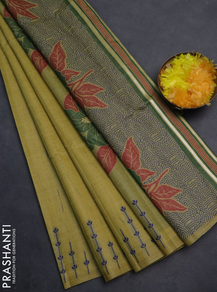 Semi jute silk saree lime yellow and green with thread woven buttas and floral design weaving pallu