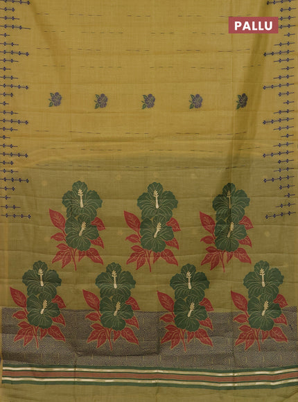 Semi jute silk saree lime yellow and green with thread woven buttas and floral design weaving pallu