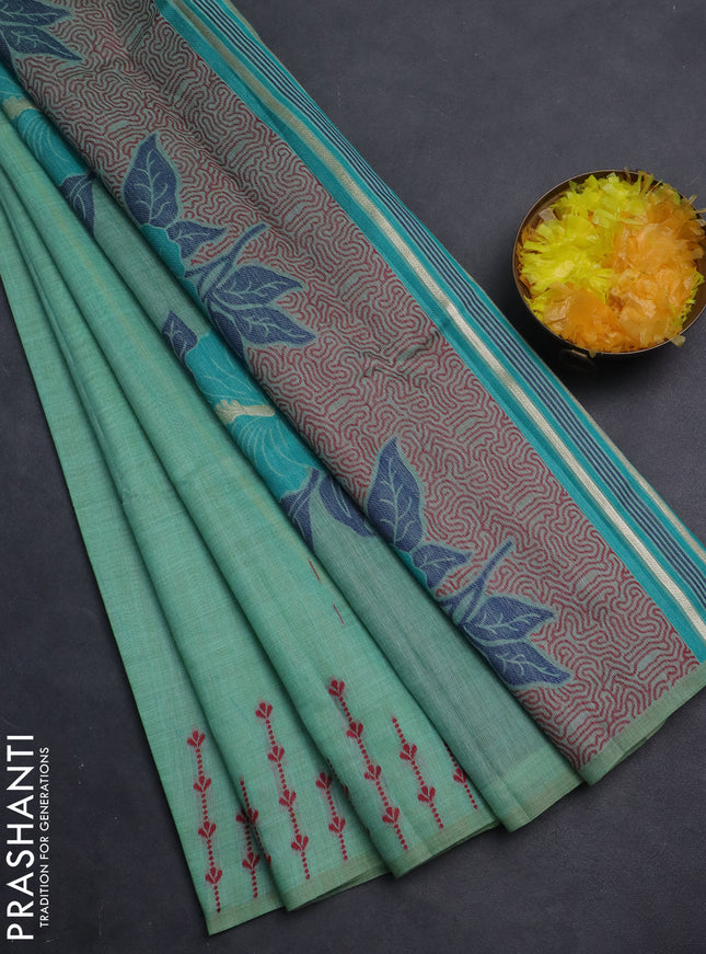 Semi jute silk saree teal green and green with thread woven buttas and floral design weaving pallu