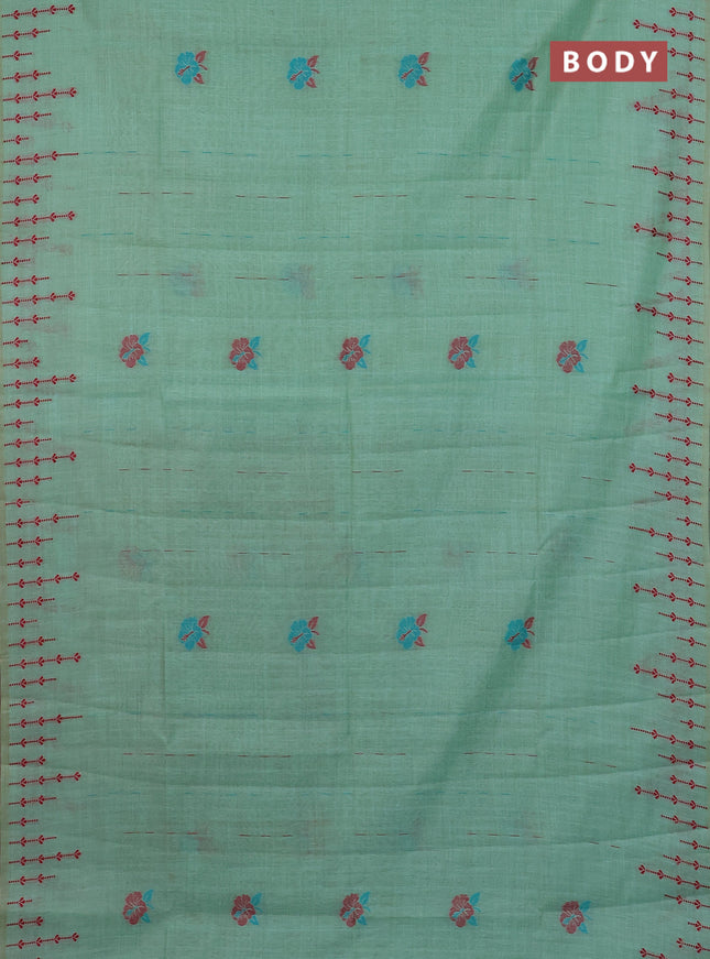 Semi jute silk saree teal green and green with thread woven buttas and floral design weaving pallu