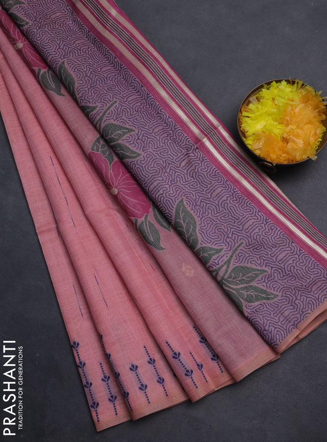 Semi jute silk saree peach pink and wine shade with thread woven buttas and floral design weaving pallu