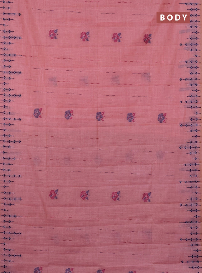 Semi jute silk saree peach pink and wine shade with thread woven buttas and floral design weaving pallu