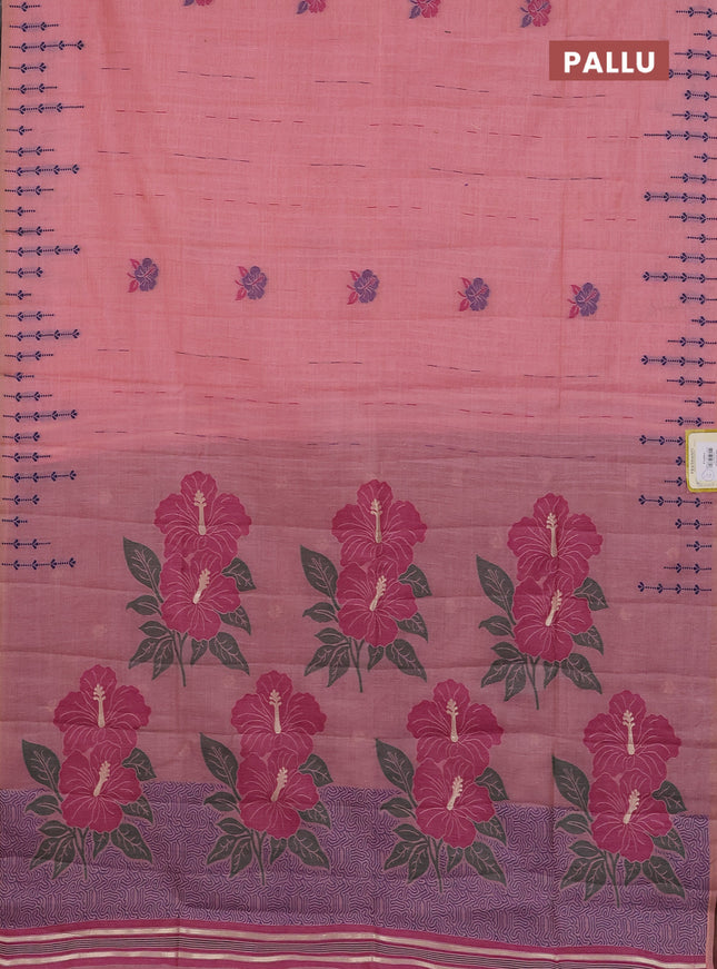 Semi jute silk saree peach pink and wine shade with thread woven buttas and floral design weaving pallu