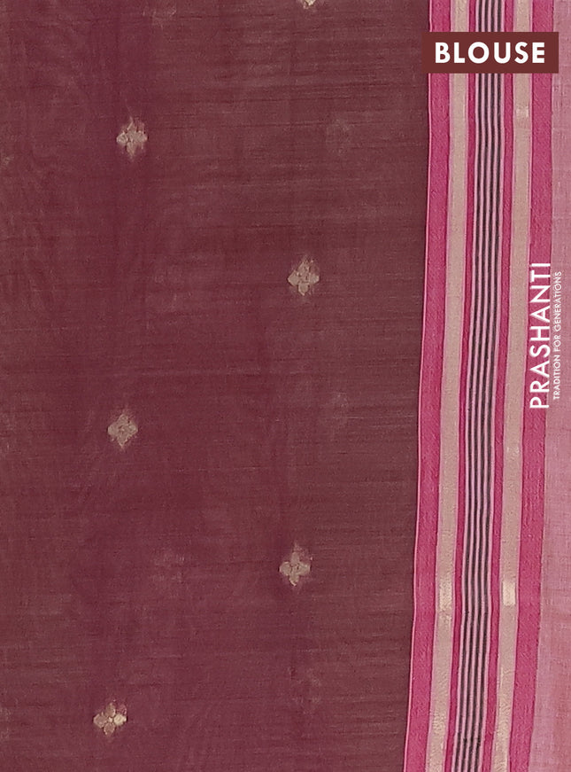 Semi jute silk saree peach pink and wine shade with thread woven buttas and floral design weaving pallu