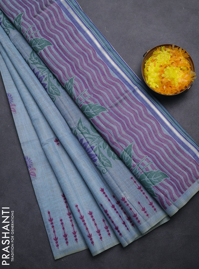 Semi jute silk saree pastel blue and blue with thread woven buttas and floral design weaving pallu