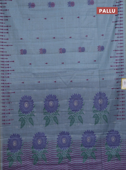 Semi jute silk saree pastel blue and blue with thread woven buttas and floral design weaving pallu