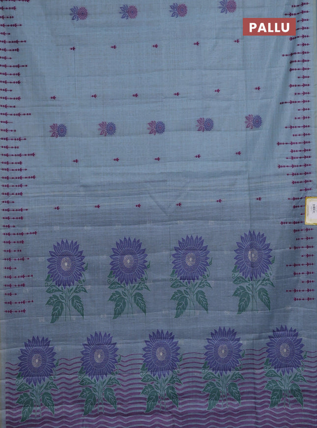 Semi jute silk saree pastel blue and blue with thread woven buttas and floral design weaving pallu