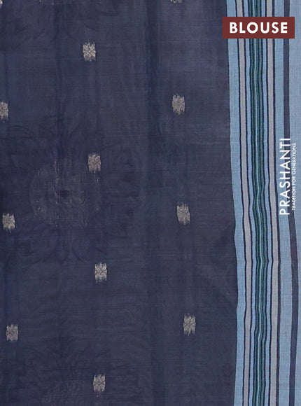 Semi jute silk saree pastel blue and blue with thread woven buttas and floral design weaving pallu
