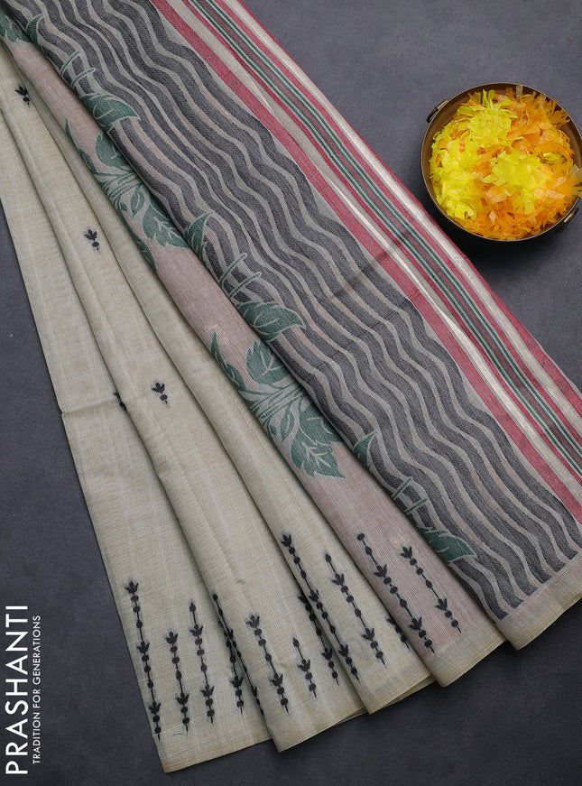 Semi jute silk saree beige and maroon shade with thread woven buttas and floral design weaving pallu