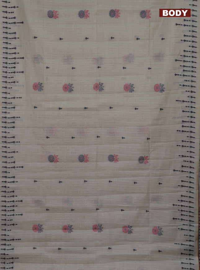 Semi jute silk saree beige and maroon shade with thread woven buttas and floral design weaving pallu