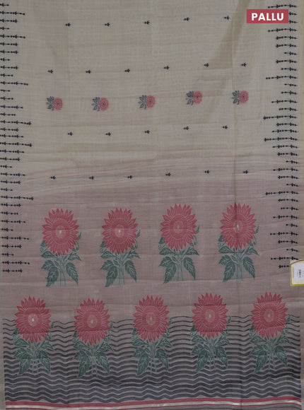 Semi jute silk saree beige and maroon shade with thread woven buttas and floral design weaving pallu