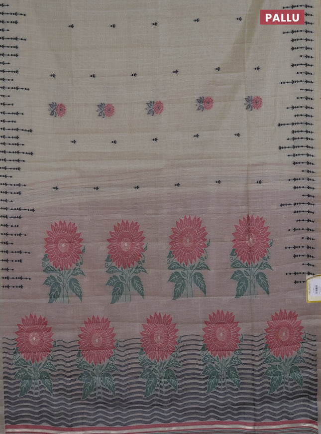 Semi jute silk saree beige and maroon shade with thread woven buttas and floral design weaving pallu