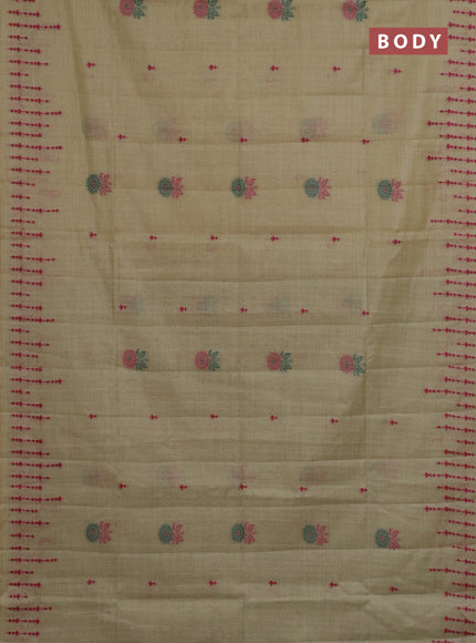 Semi jute silk saree elaichi green and green with thread woven buttas and floral design weaving pallu