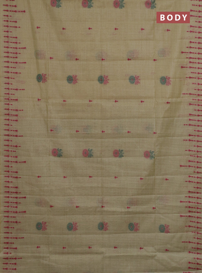 Semi jute silk saree elaichi green and green with thread woven buttas and floral design weaving pallu