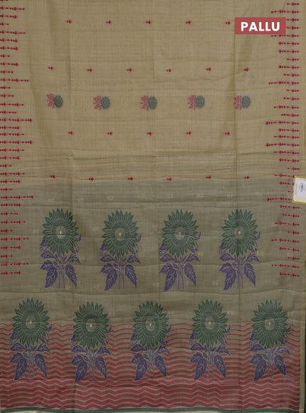 Semi jute silk saree elaichi green and green with thread woven buttas and floral design weaving pallu