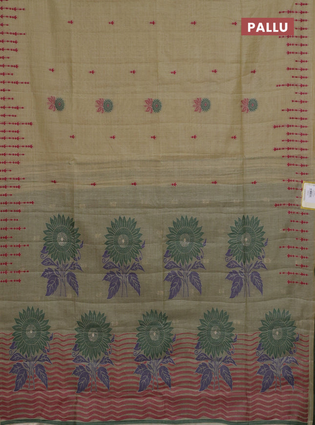 Semi jute silk saree elaichi green and green with thread woven buttas and floral design weaving pallu