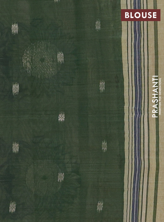 Semi jute silk saree elaichi green and green with thread woven buttas and floral design weaving pallu