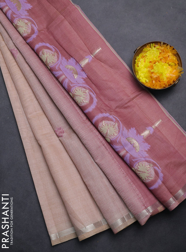Semi jute silk saree brown shade and pastel maroon with thread woven buttas and floral design weaving pallu