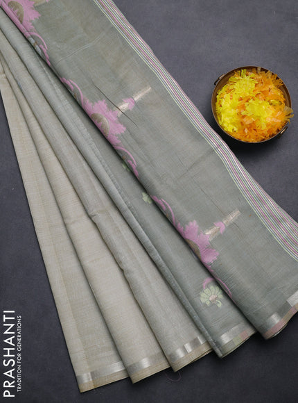 Semi jute silk saree greyish green shade with thread woven buttas and floral design weaving pallu