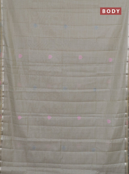 Semi jute silk saree greyish green shade with thread woven buttas and floral design weaving pallu