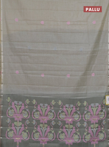 Semi jute silk saree greyish green shade with thread woven buttas and floral design weaving pallu