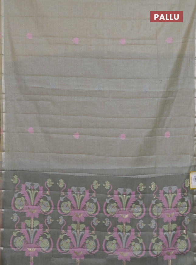 Semi jute silk saree greyish green shade with thread woven buttas and floral design weaving pallu