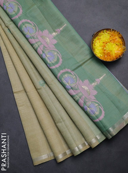 Semi jute silk saree pista green and green with thread woven buttas and floral design weaving pallu