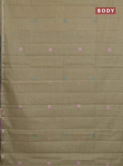 Semi jute silk saree pista green and green with thread woven buttas and floral design weaving pallu