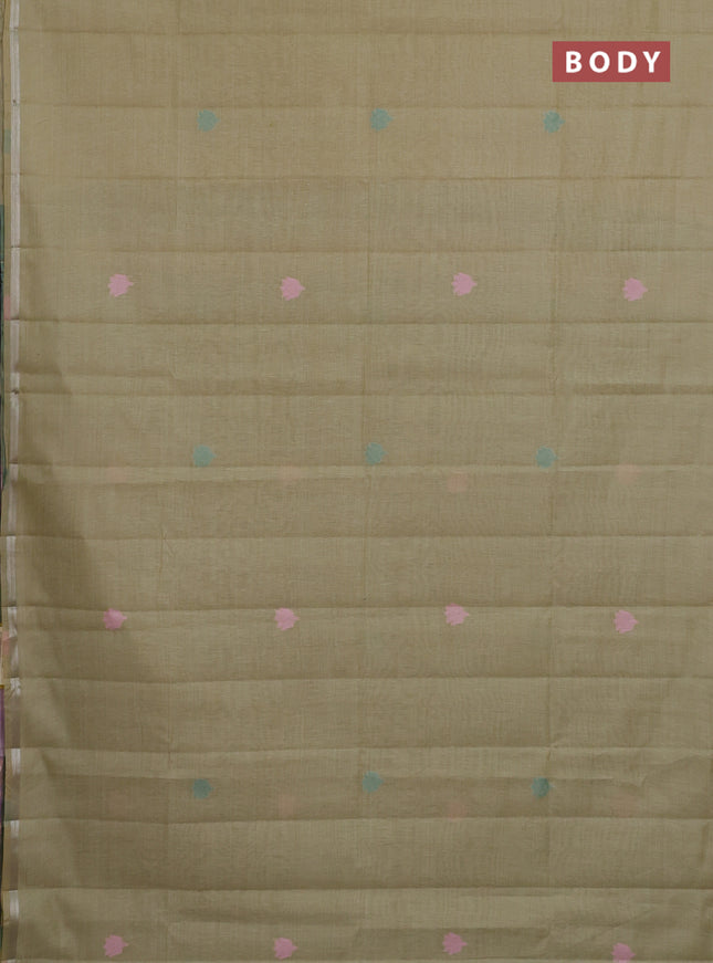 Semi jute silk saree pista green and green with thread woven buttas and floral design weaving pallu