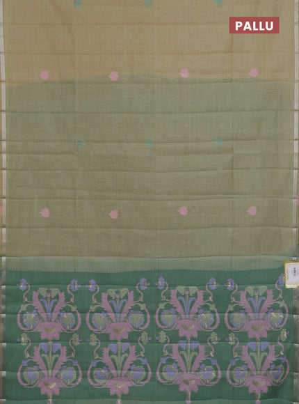 Semi jute silk saree pista green and green with thread woven buttas and floral design weaving pallu