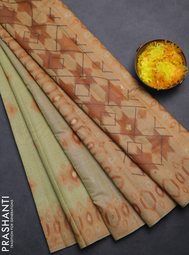 Semi jute silk saree elaichi green and rust shade with thread & zari woven ikat buttas and ikat weaving pallu