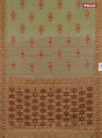 Semi jute silk saree elaichi green and rust shade with thread & zari woven ikat buttas and ikat weaving pallu