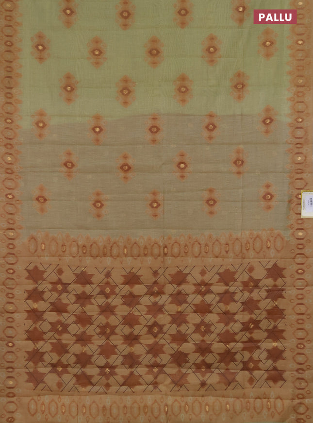 Semi jute silk saree elaichi green and rust shade with thread & zari woven ikat buttas and ikat weaving pallu