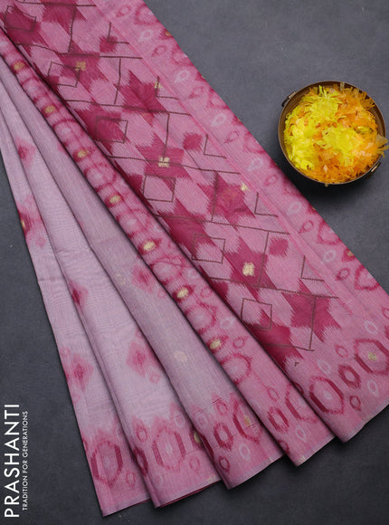 Semi jute silk saree pastel pink and dark magenta pink with thread & zari woven ikat buttas and ikat weaving pallu