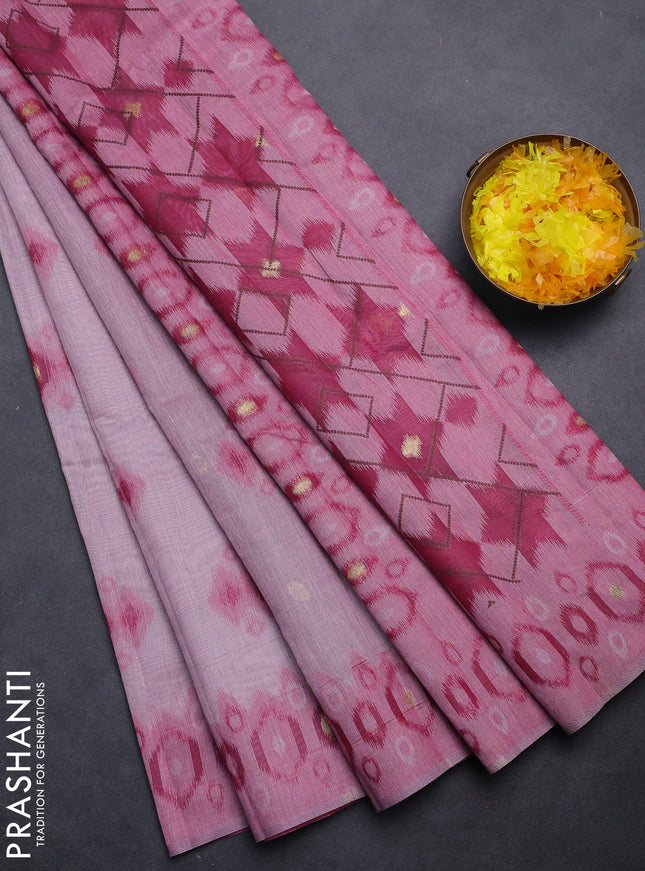 Semi jute silk saree pastel pink and dark magenta pink with thread & zari woven ikat buttas and ikat weaving pallu