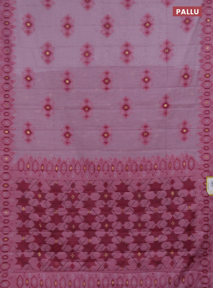 Semi jute silk saree pastel pink and dark magenta pink with thread & zari woven ikat buttas and ikat weaving pallu