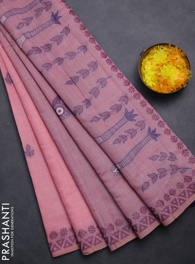 Semi jute silk saree pastel pink and wine shade with thread woven buttas and thread woven pallu