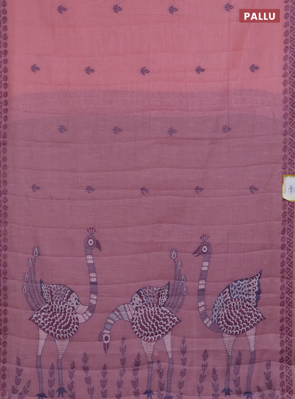 Semi jute silk saree pastel pink and wine shade with thread woven buttas and thread woven pallu