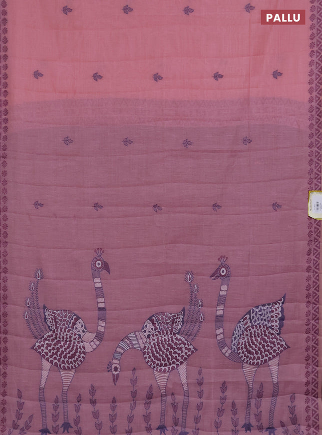 Semi jute silk saree pastel pink and wine shade with thread woven buttas and thread woven pallu