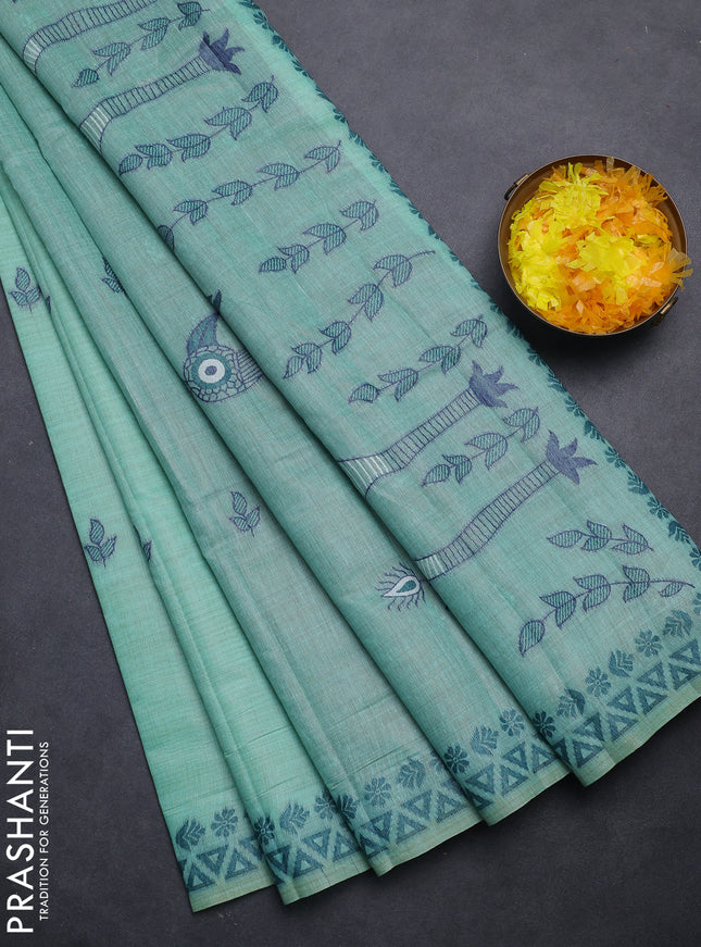 Semi jute silk saree teal green and peacock green with thread woven buttas and thread woven pallu