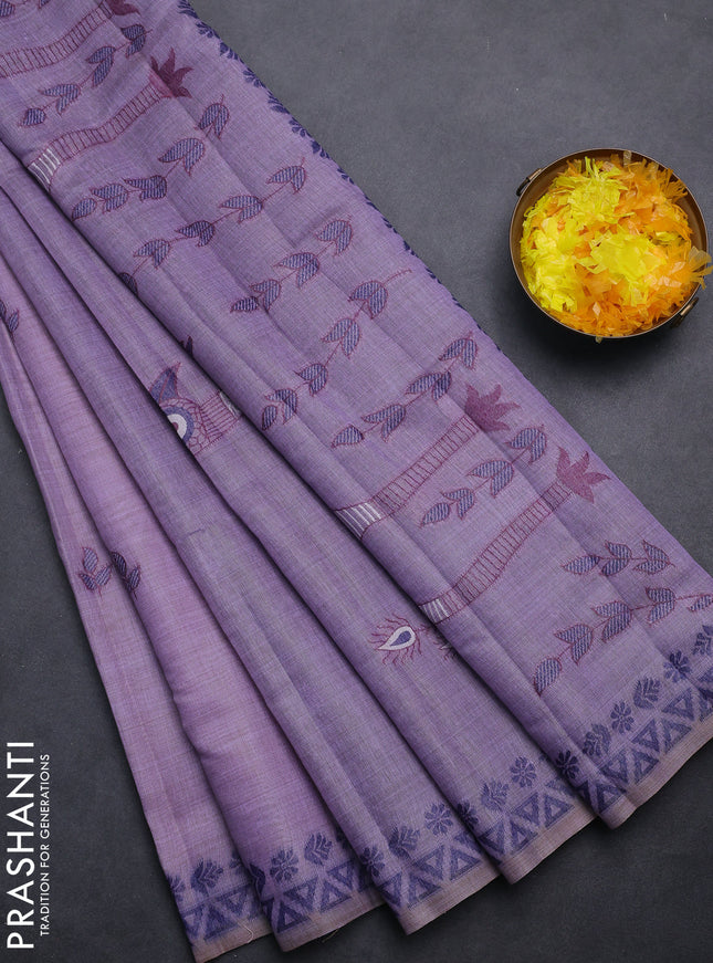 Semi jute silk saree lavender and navy blue with thread woven buttas and thread woven pallu