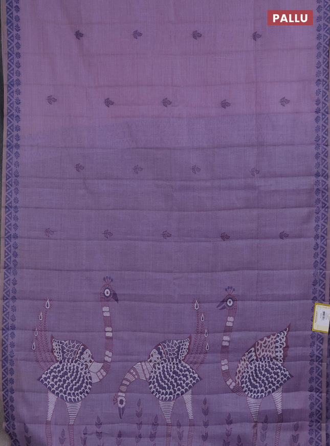 Semi jute silk saree lavender and navy blue with thread woven buttas and thread woven pallu