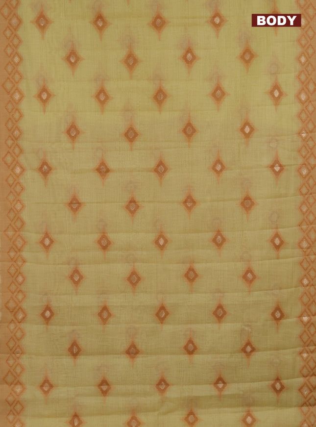 Semi jute silk saree pale yellow and rustic orange with thread & zari woven buttas and ikat weaving pallu