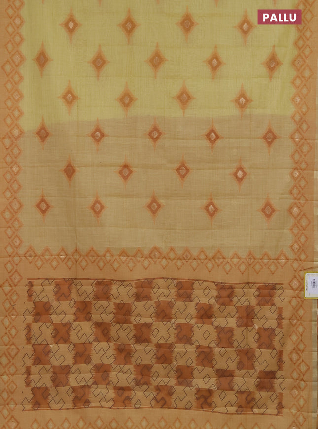 Semi jute silk saree pale yellow and rustic orange with thread & zari woven buttas and ikat weaving pallu